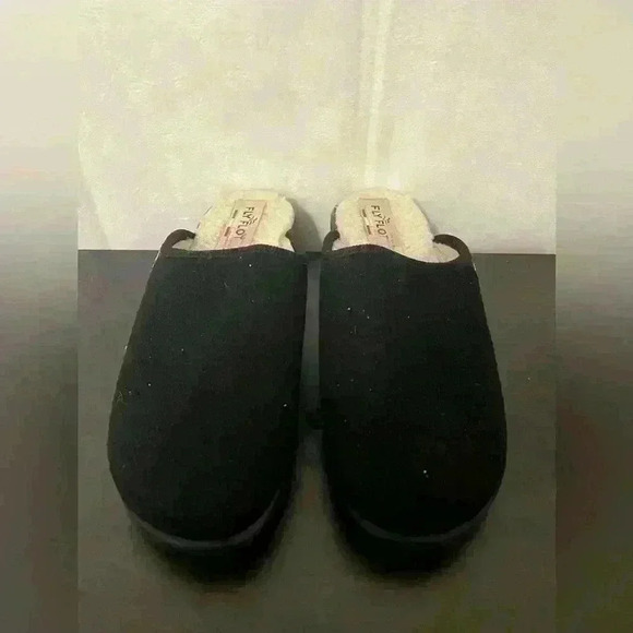 Fly Flot Womens Mule Flat Shoes Black Slip On Sherpa Lined Logo Italy Size 8 - Picture 7 of 8